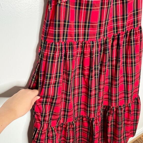 J. Crew Factory Tiered Midi Dress 2 Red Plaid Ruffle Neck Pockets Cotton Holiday - Picture 6 of 12